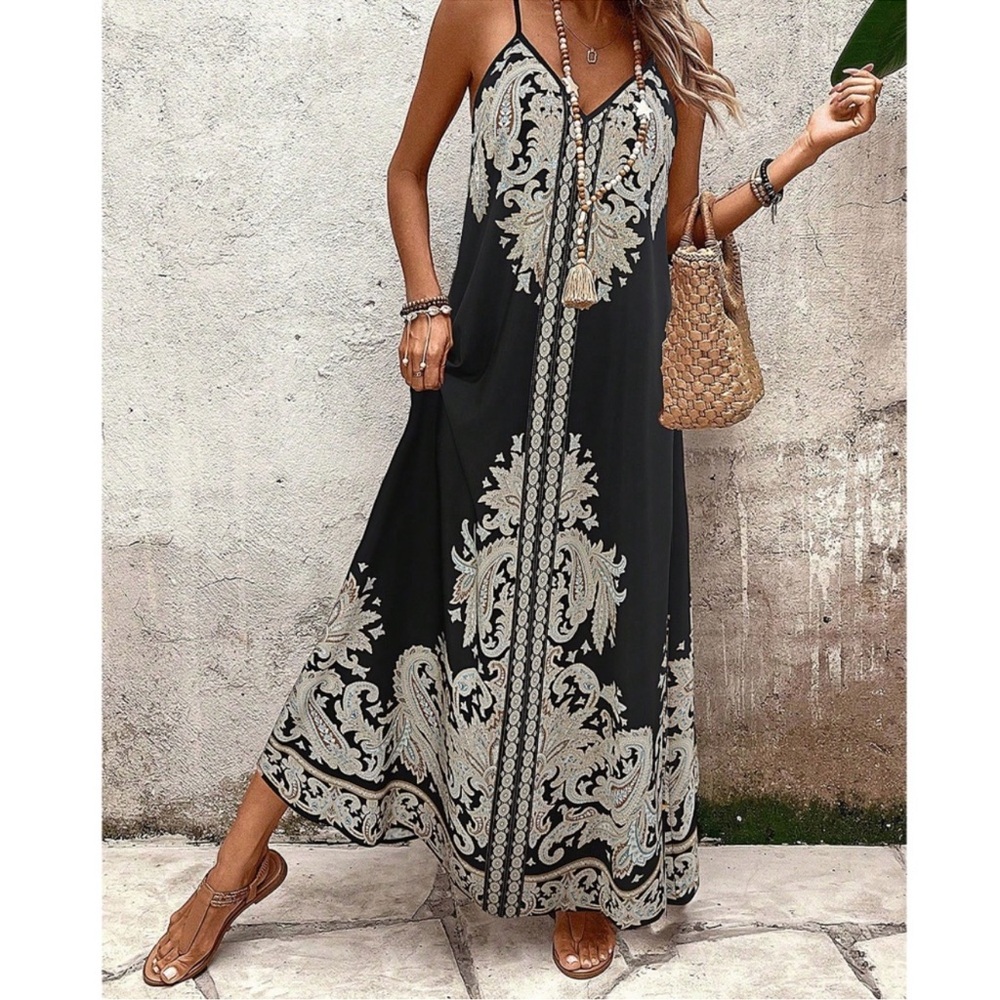 Plus Print Flared Hem Cami Maxi Dress 1X 2X 3X 4X